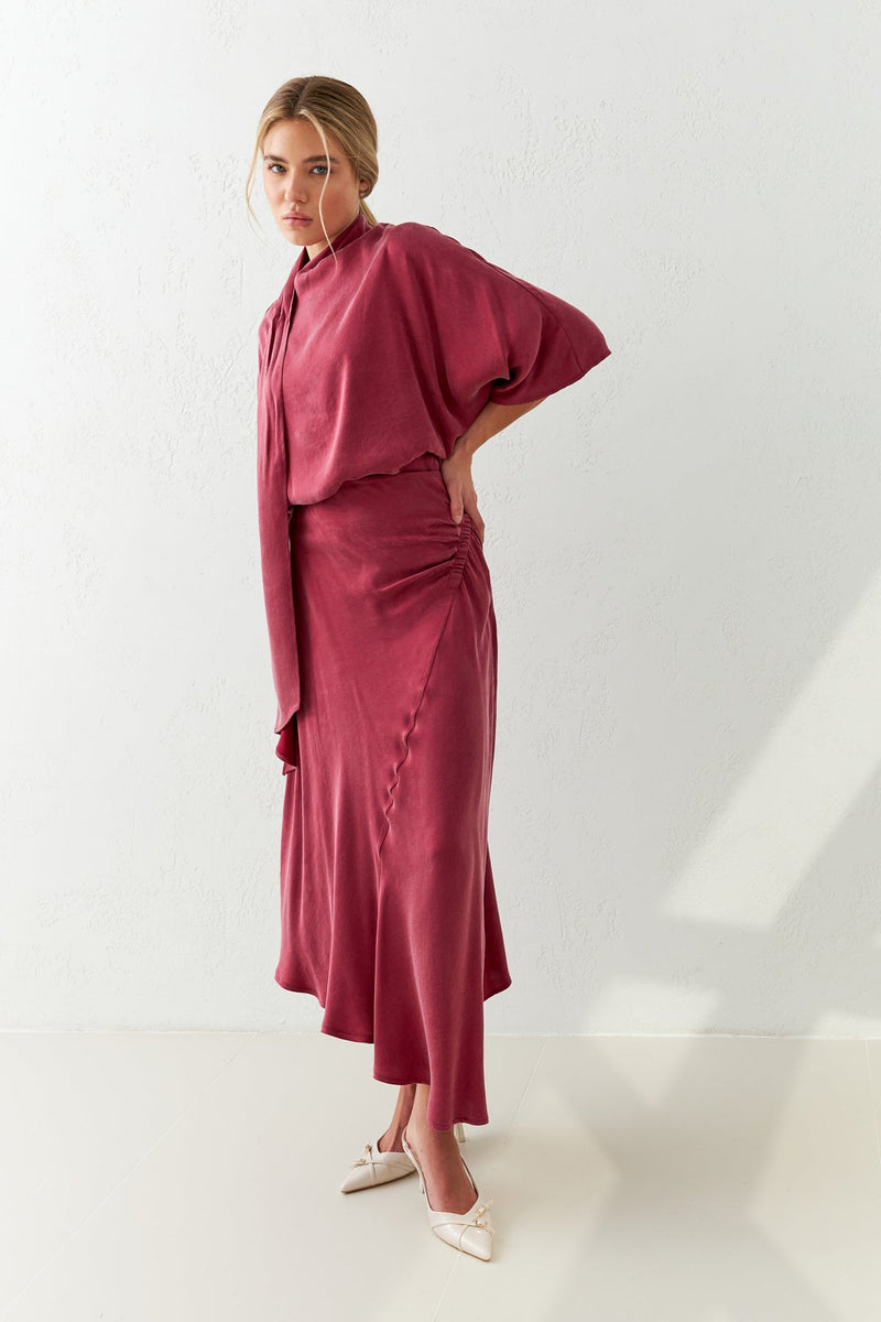 Setre Asymmetrical Gathered Skirt Burgundy