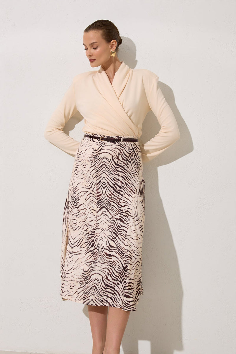 Setre Belt Detailed Patterned Relaxed Cut Skirt Burgundy/Offwhite
