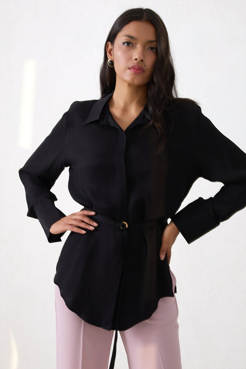 Setre Waist Belted Long Sleeve Shirt Black