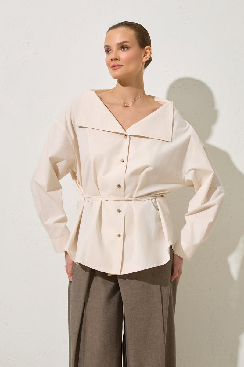 Setre Wide Collar With Tie Detail Shirt Cream