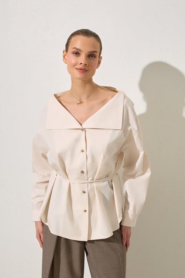 Setre Wide Collar With Tie Detail Shirt Cream