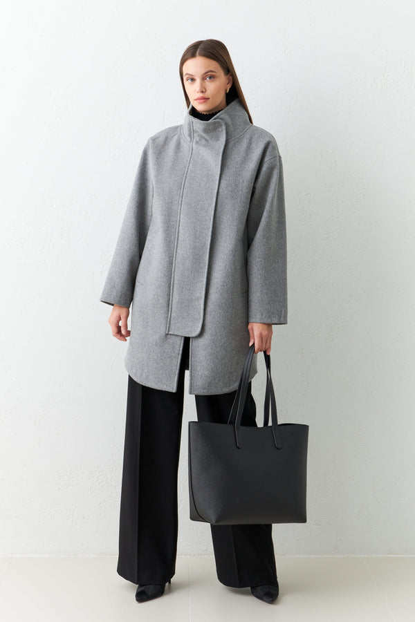 Setre Asymmetrical Neck Detailed Coat Grey