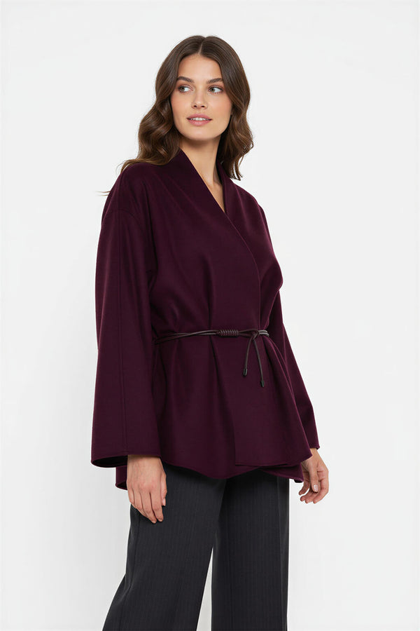Setre Collarless Loose Comfortable Cut Coat Burgundy