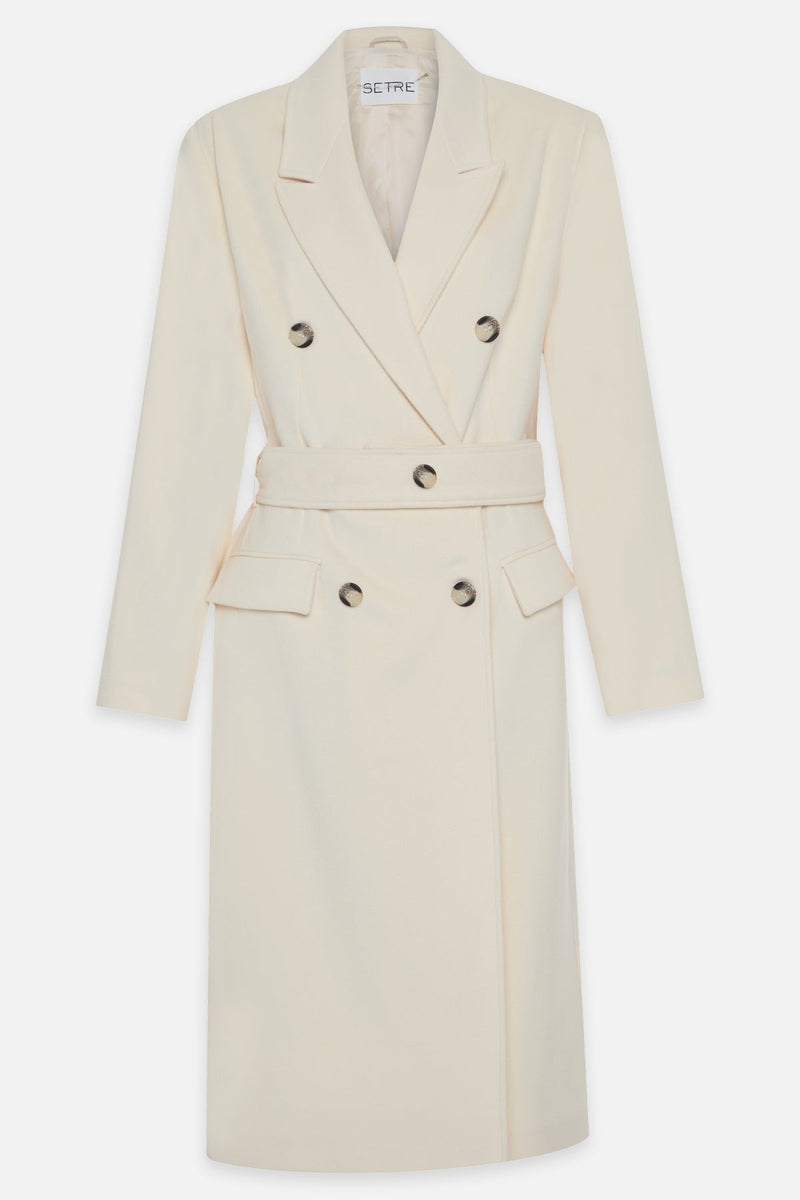 Setre Button Detailed Belted Long Coat Cream