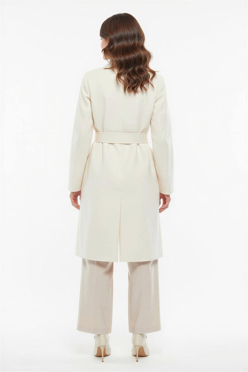 Setre Button Detailed Belted Long Coat Cream