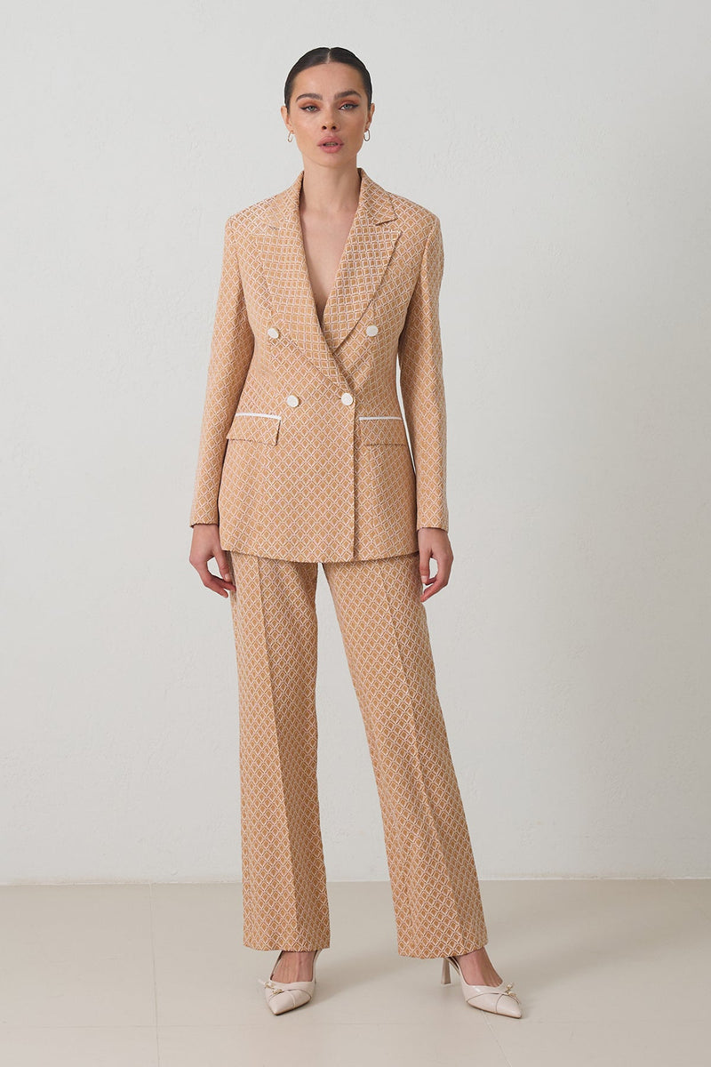 Setre Buttoned Jacket, Waist Detailed Trousers Patterned Suit Beige