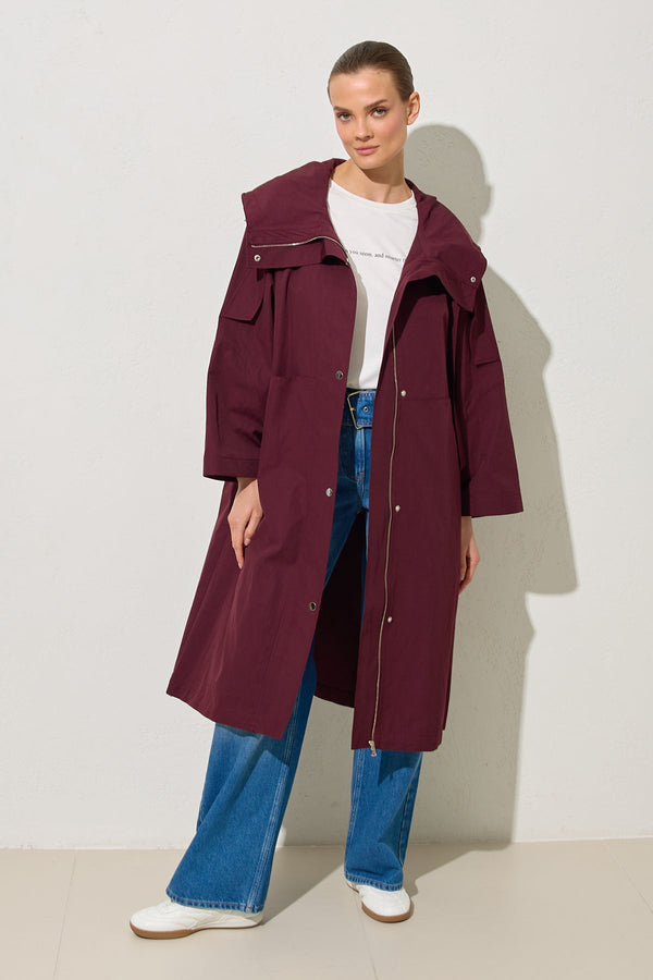 Setre Relaxed Cut Trench Coat With Collar Detail Burgundy