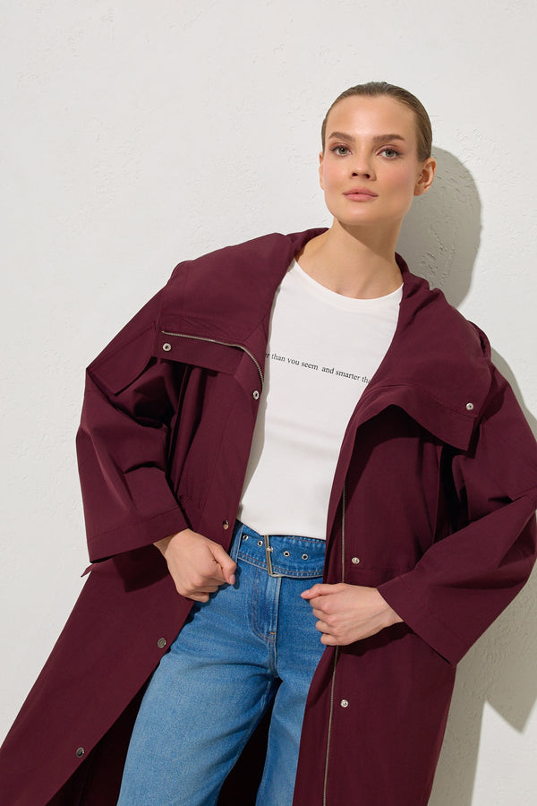 Setre Relaxed Cut Trench Coat With Collar Detail Burgundy
