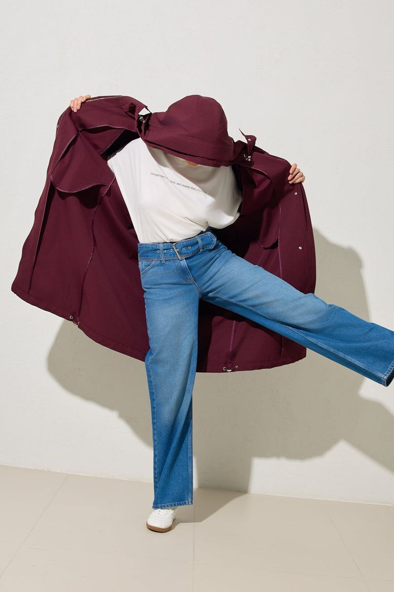 Setre Relaxed Cut Trench Coat With Collar Detail Burgundy