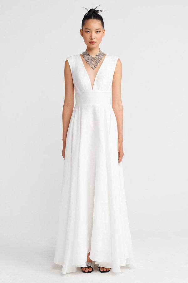 Nu Deep V-Neck Long Linen Dress Off White