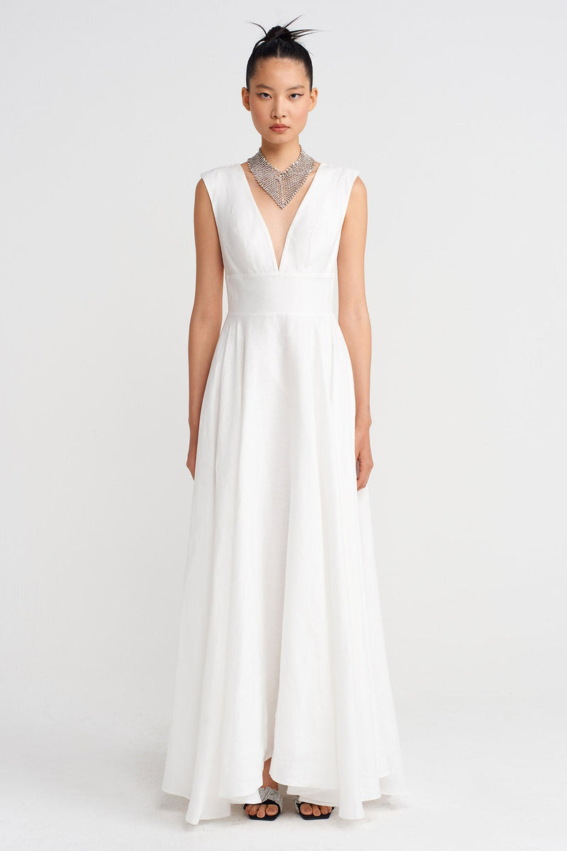 Nu Deep V-Neck Long Linen Dress Off White