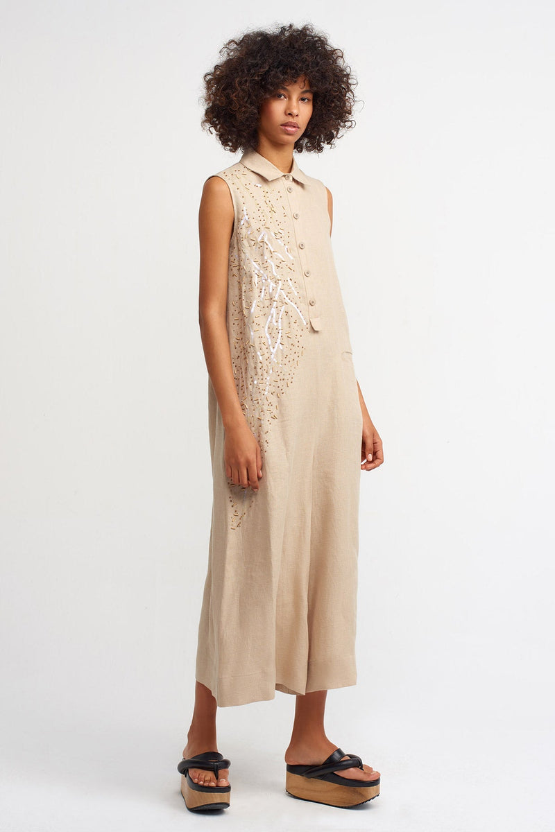 Nu Embellished Detail Jumpsuit Beige