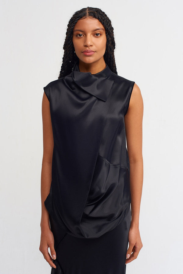 Nu Satin Draped Sleeveless Blouse Black