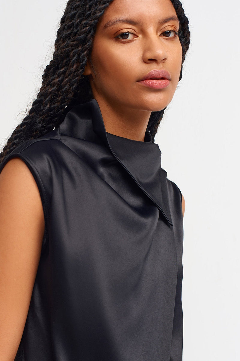 Nu Satin Draped Sleeveless Blouse Black