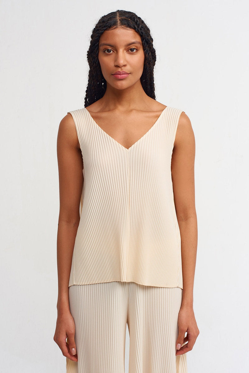 Nu Solid V-Neck Ribbed Blouse Natural