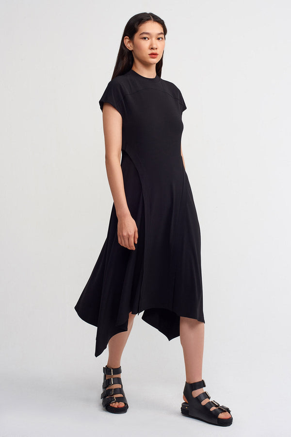 Nu Solid Asymmetrical Midi Dress Black