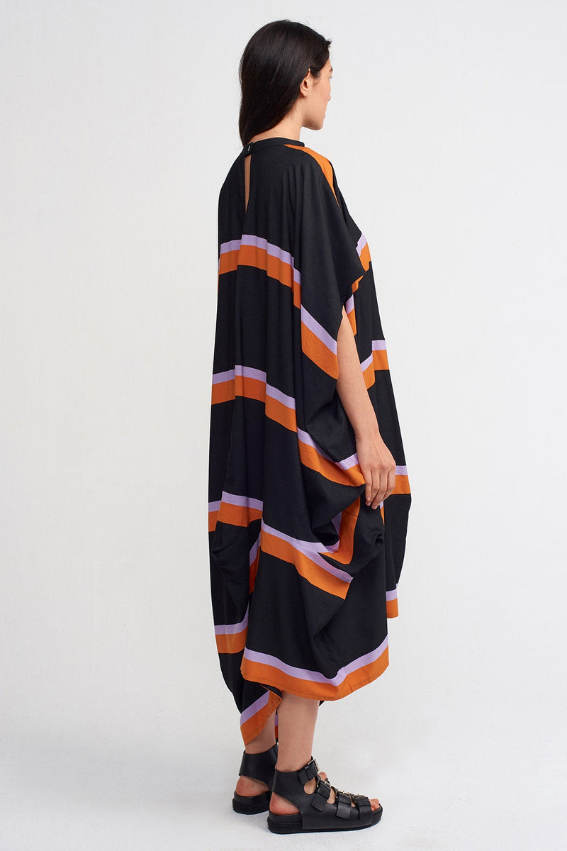 Nu Multi-Colored Striped Asymmetrical Dress Black/Orange