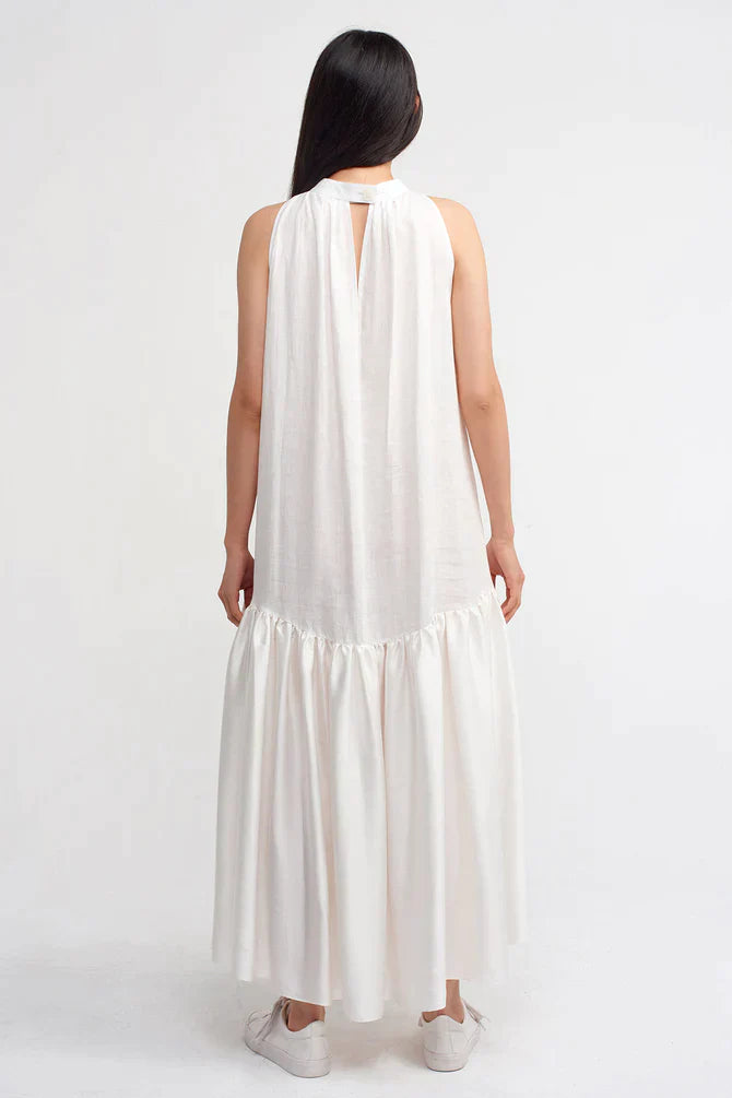 Nu Linen Mix Satin Halter Dress Off White