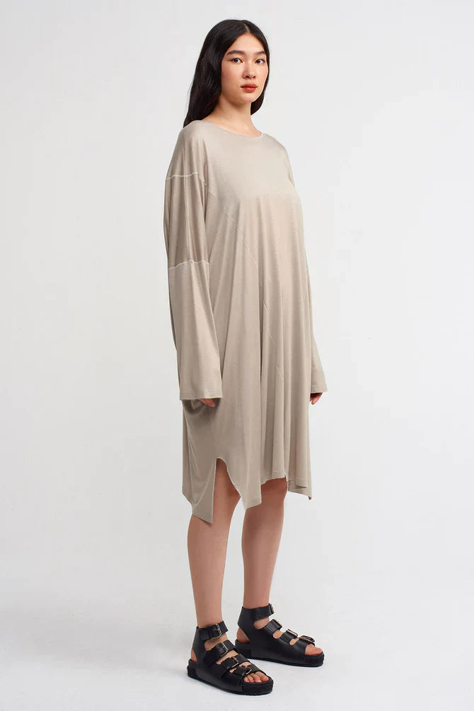 Nu Solid Stitched Detail Dress Light Grey