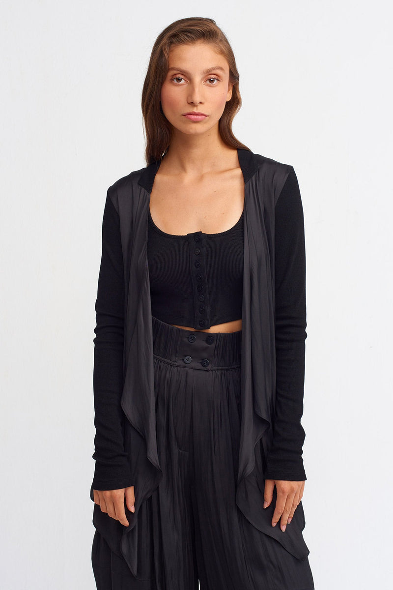 Nu Ribbed Detail Solid Cardigan Black