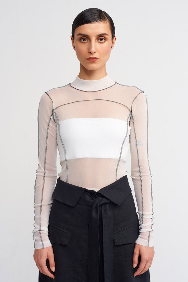 Nu Contrast Stitched Mesh Bodysuit Off White/Black