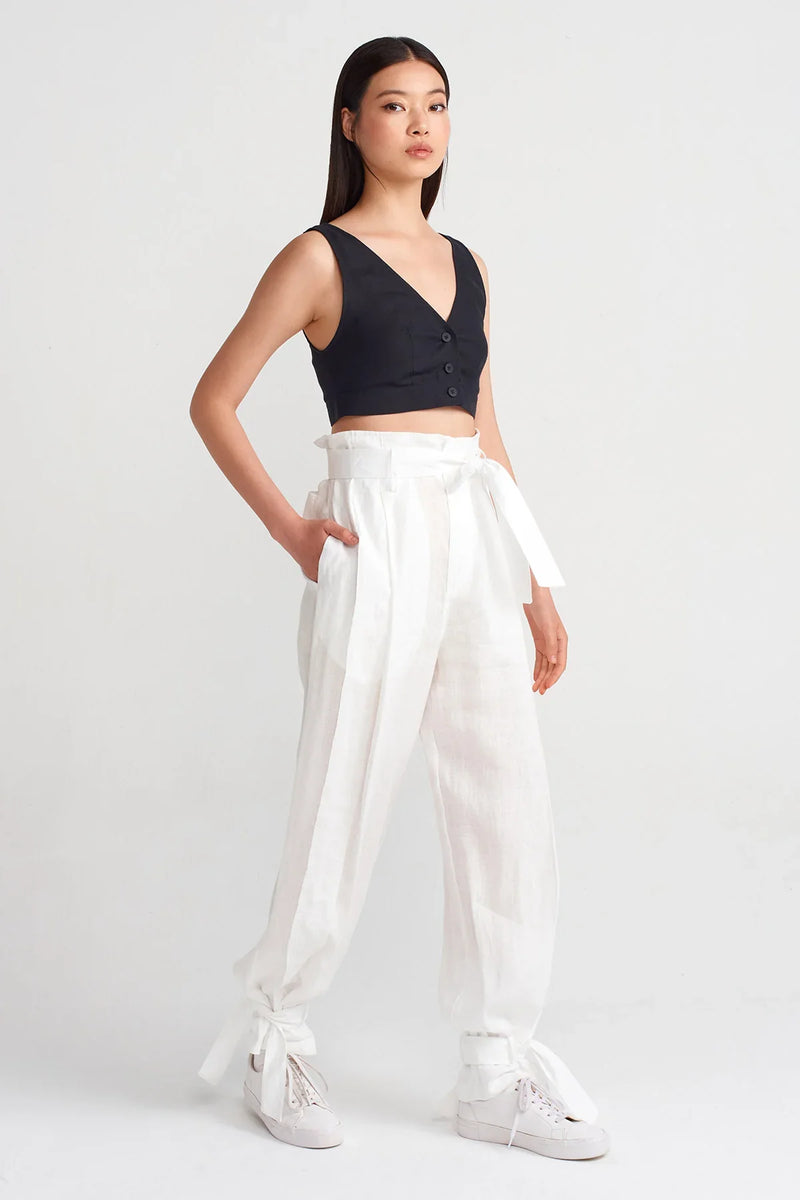 Nu Cuffed Tie Detail Linen Jogger Trouser Off White