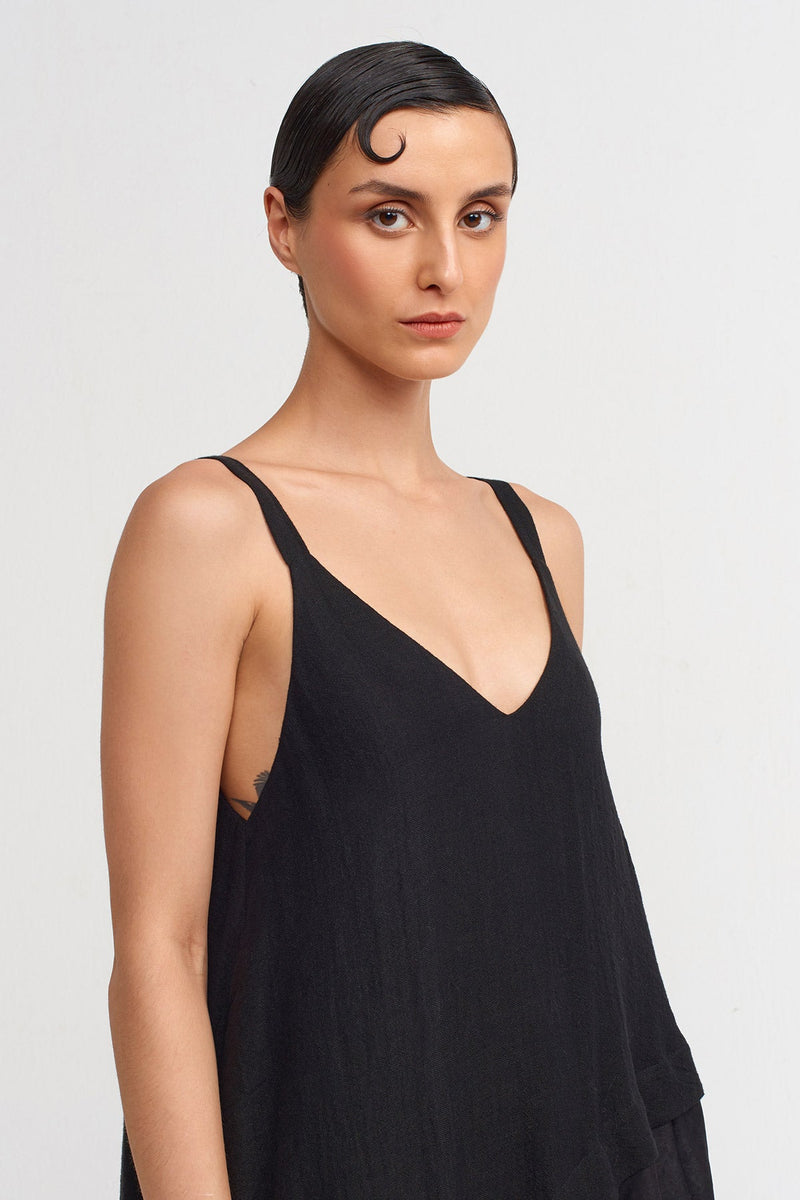 Nu Spaghetti Strap Asymmetric Linen Blend Dress Black