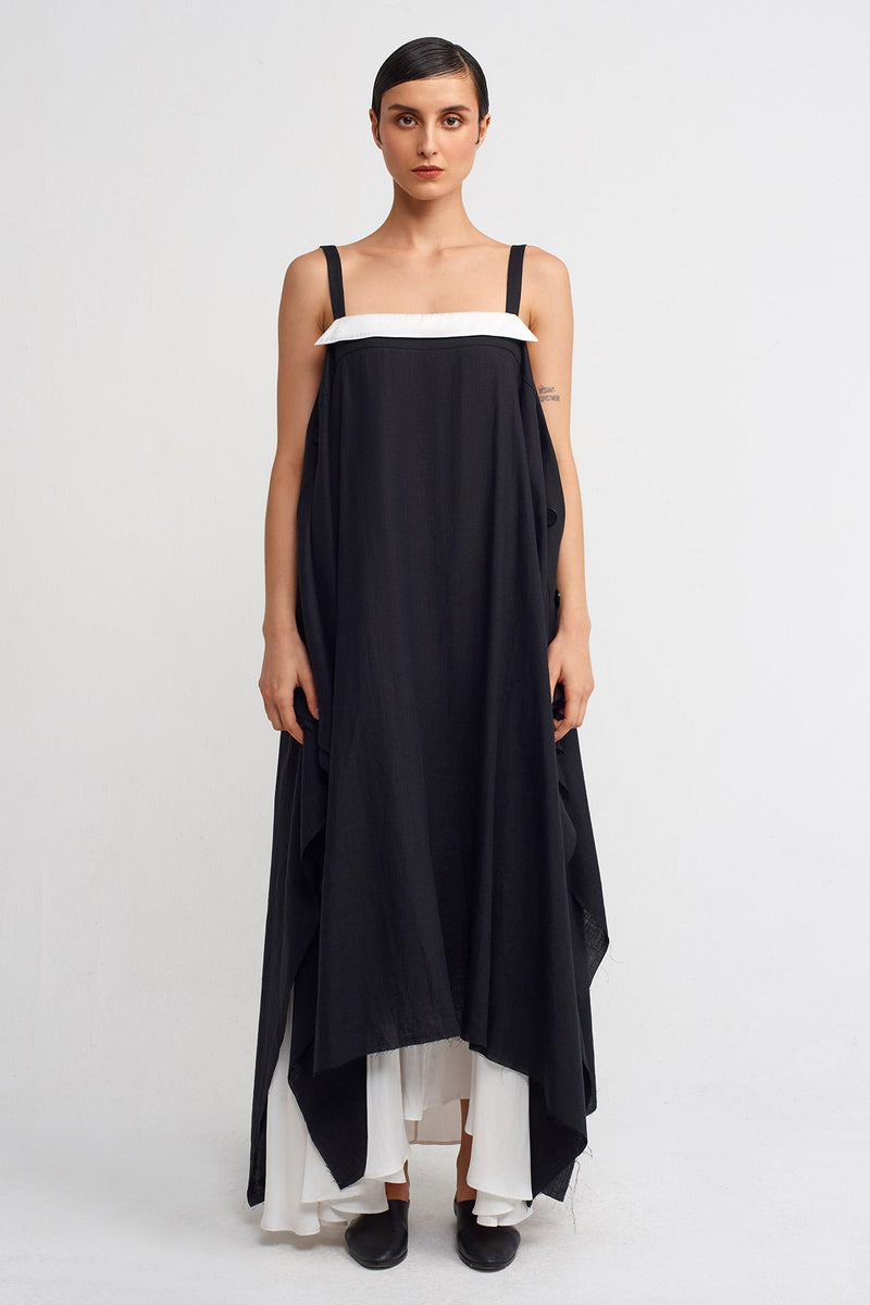 Nu Thick Strap, Long Linen Dress Black/Offwhite