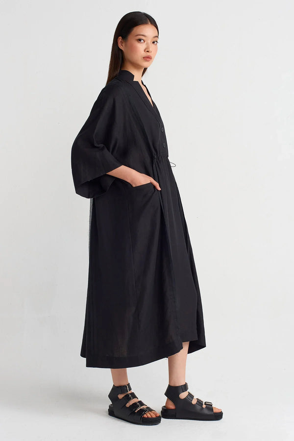 Nu V-Neck Midi Linen Dress Black