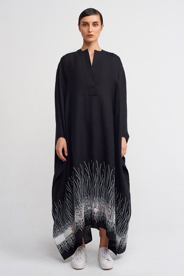 Nu Embroidered Hem Long Kaftan Dress Black/Offwhite