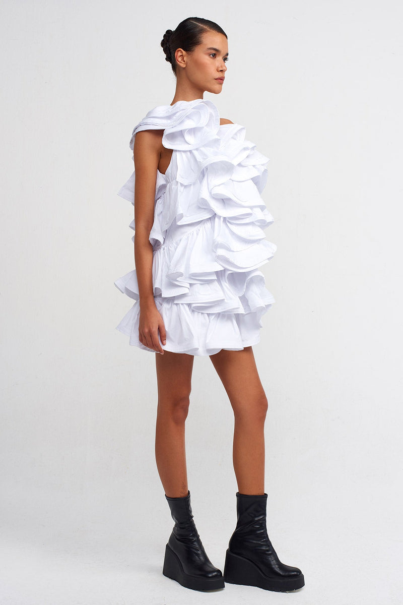 Nu Short Poplin Ruffle Dress Off White