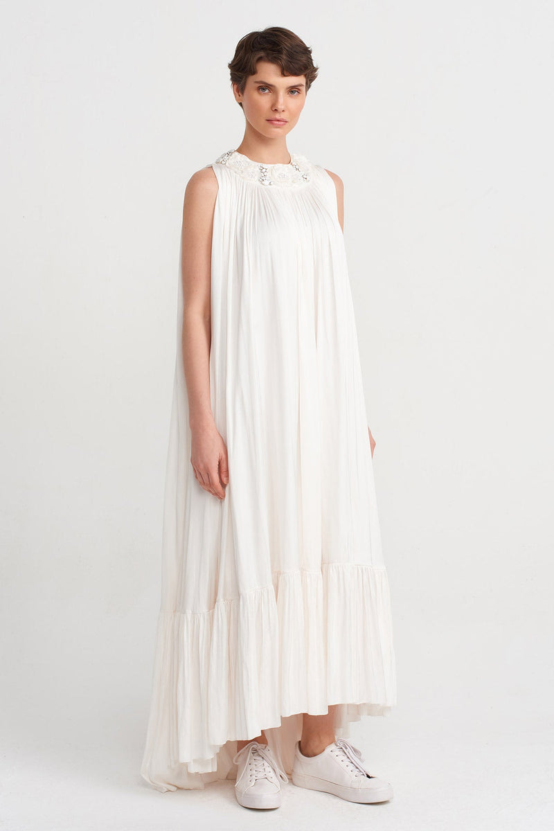 Nu Embroidered Collar, Long Elegant Dress Off White