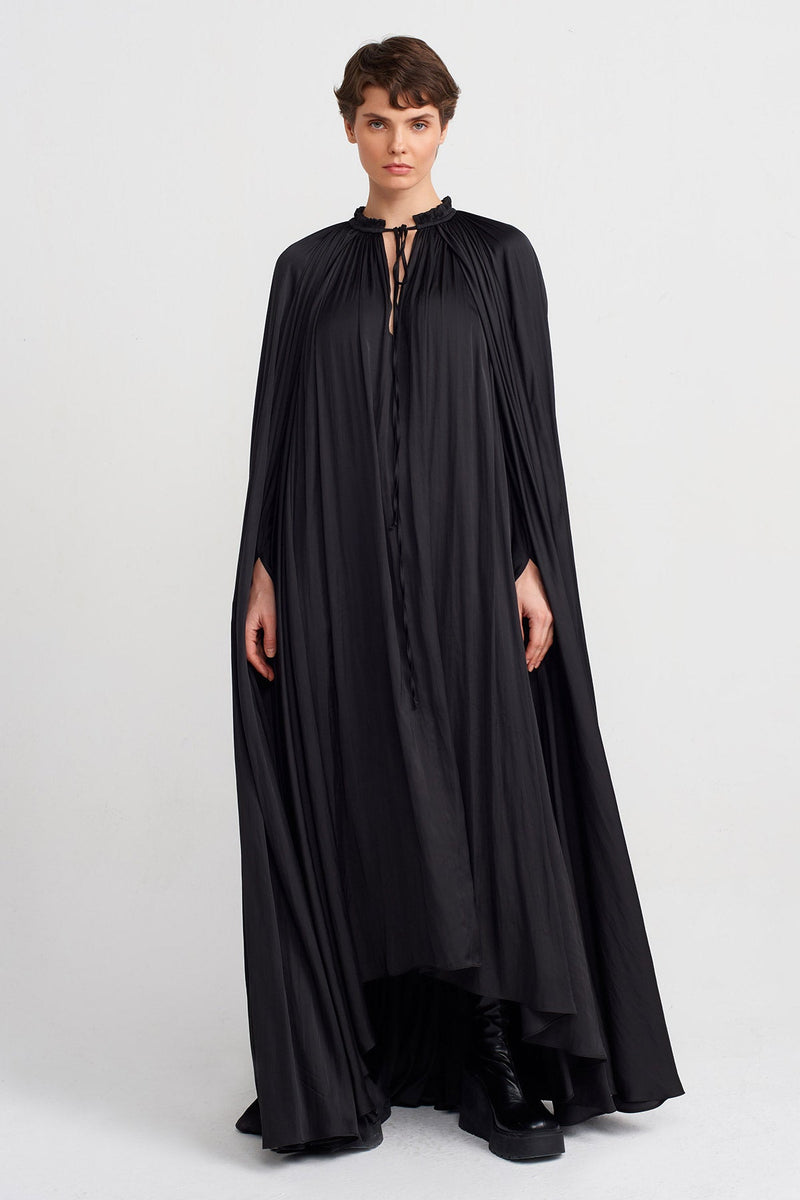 Nu Cape Detail Long Elegant Dress Black