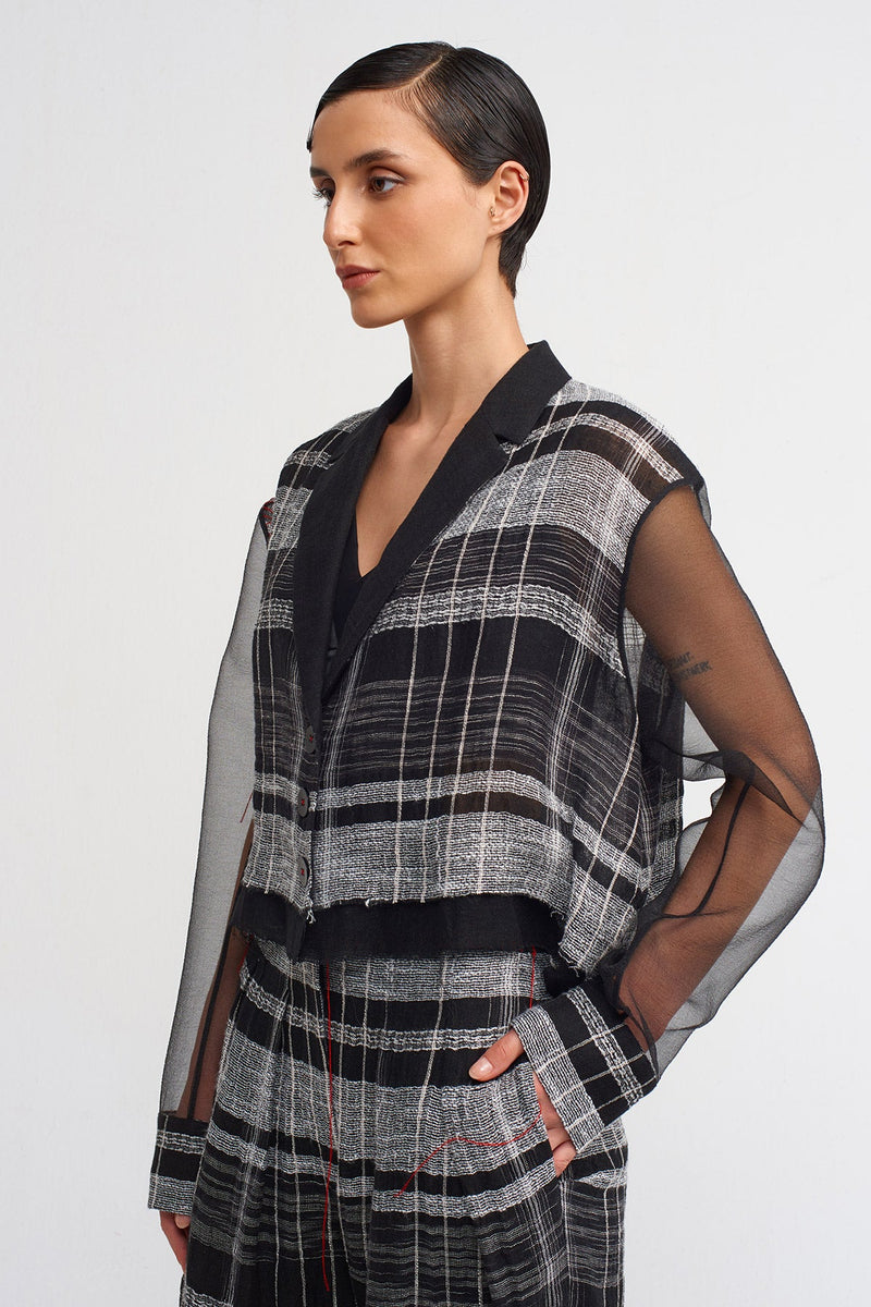 Nu Organza Sleeves, Plaid Short Jacket Black