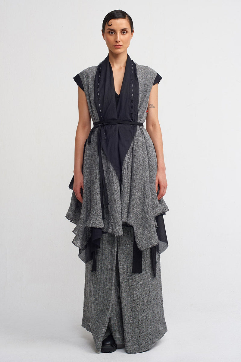 Nu Sleeveless, Shawl Collar Linen Jacket With Veil Detail Black & Grey