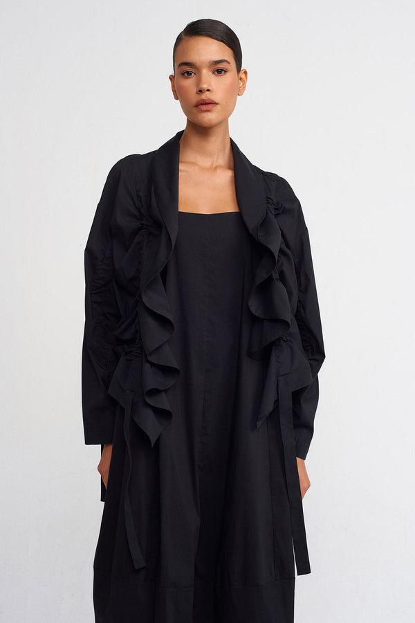 Nu Ruffle Detail Short Poplin Jacket Black