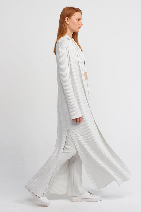 Nu Ribbed Side-Slit Long Cardigan Ice