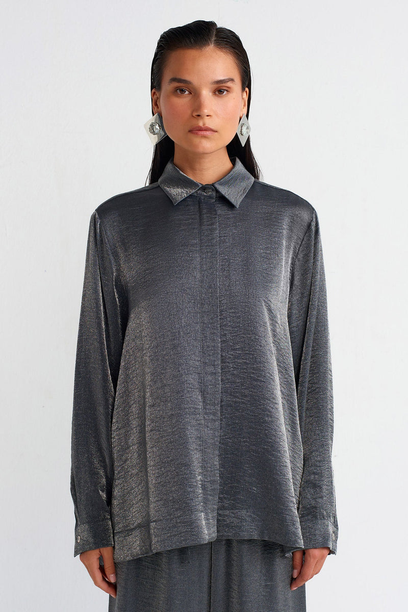 Nu Shiny Fabric Stylish Shirt Grey