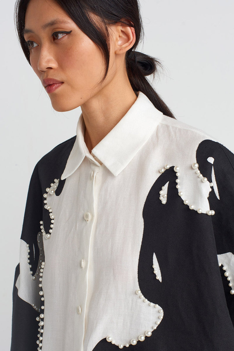 Nu Printed And Pearl Embellished Shirt Off White/Black