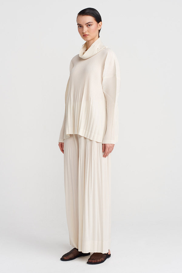 Nu Long-Sleeve Pleated Blouse Ecru