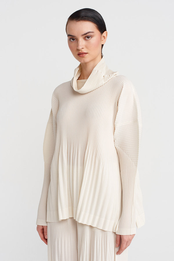 Nu Long-Sleeve Pleated Blouse Ecru