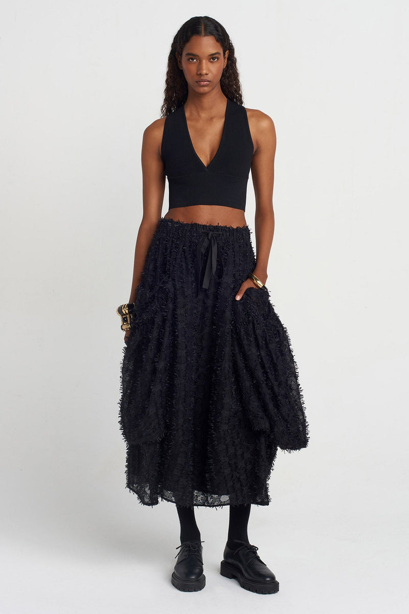 Nu Fringed Jacquard Sheer Skirt Black