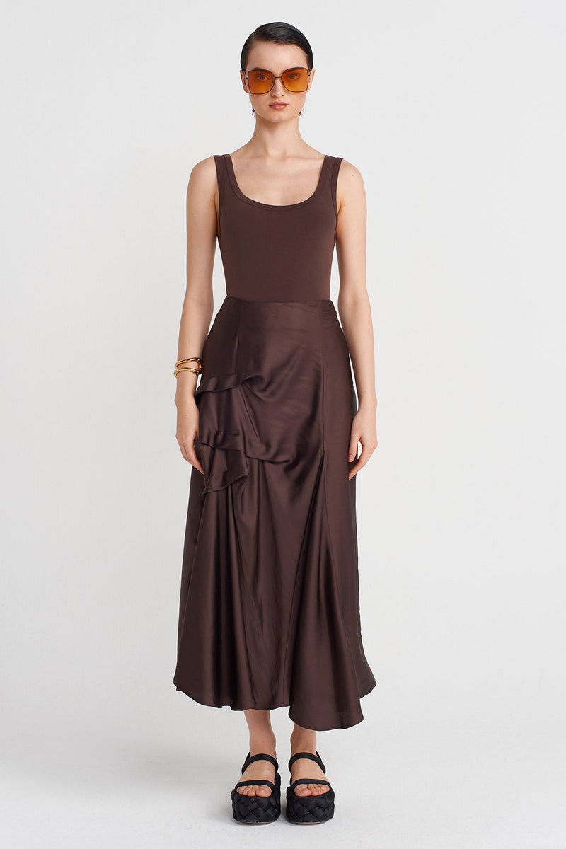 Nu Satin Skirt With Pleated Details Chocolate Brown