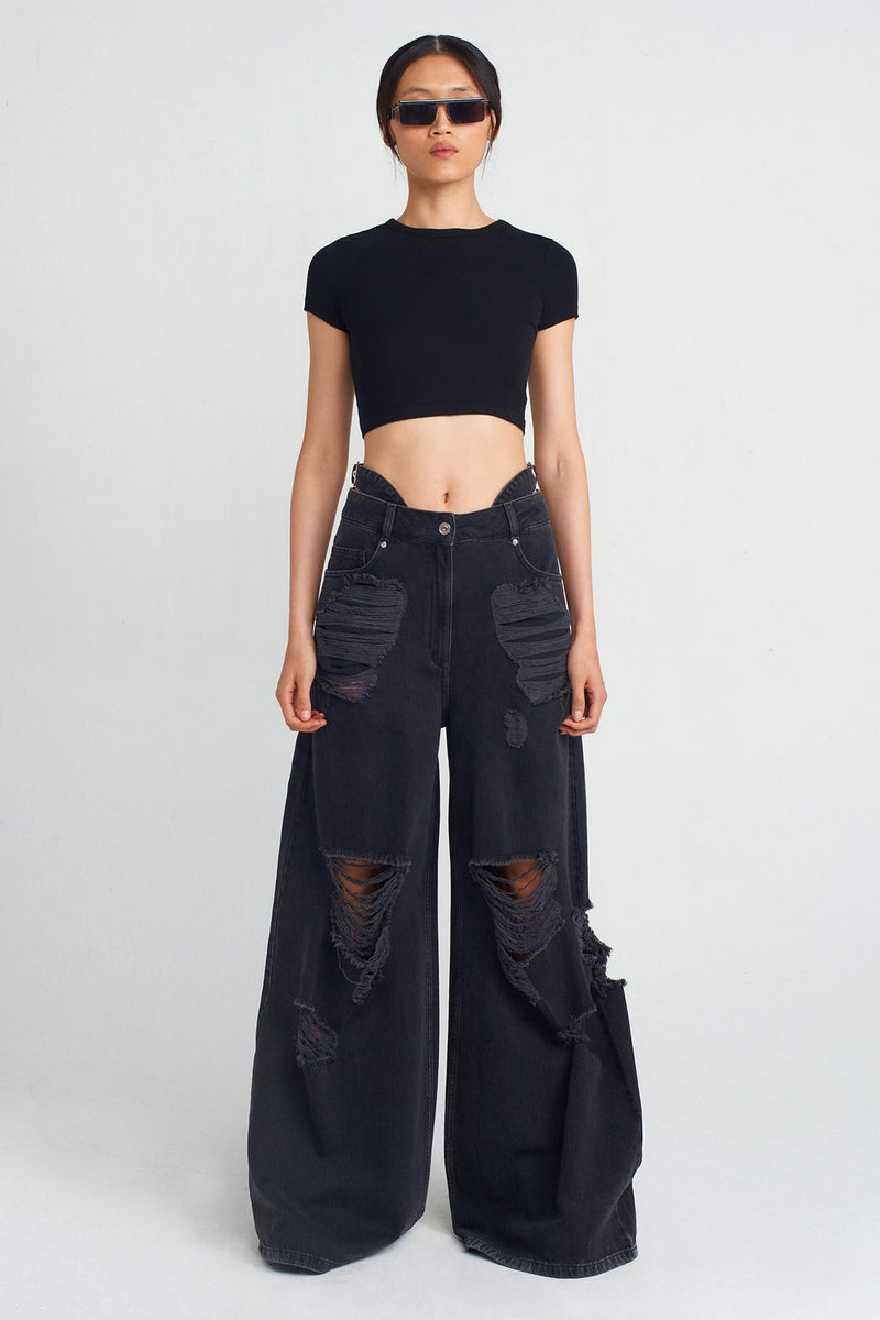 Nu Distressed Detail Denim Pants Black