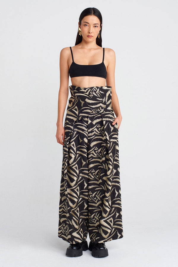 NU High-Waisted Gold Embroidered Pants Black