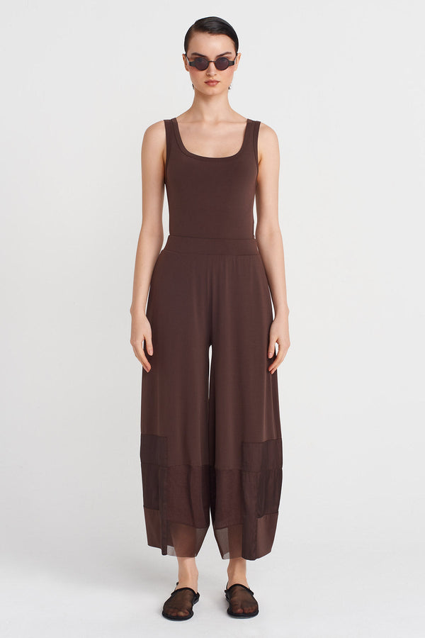Nu Jersey Pants With Organza And Taffeta Striped Details Chocolate Brown