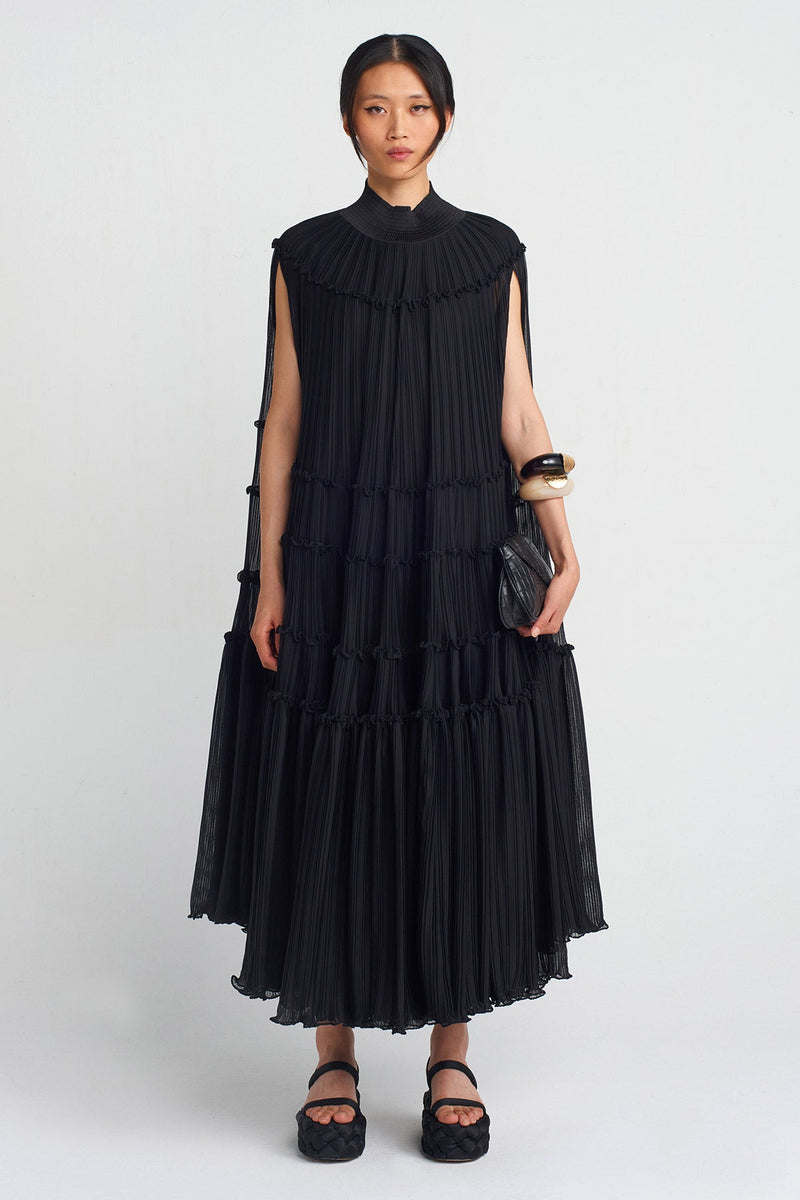 Nu Chiffon Pleated Long Dress Black