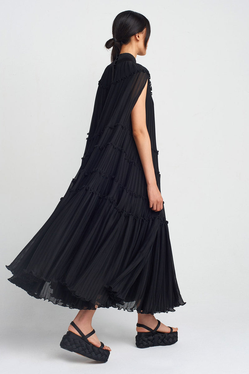 Nu Chiffon Pleated Long Dress Black