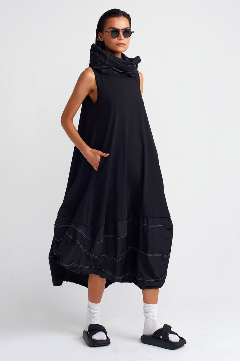 Nu Double-Fabric High Neck Dress Black