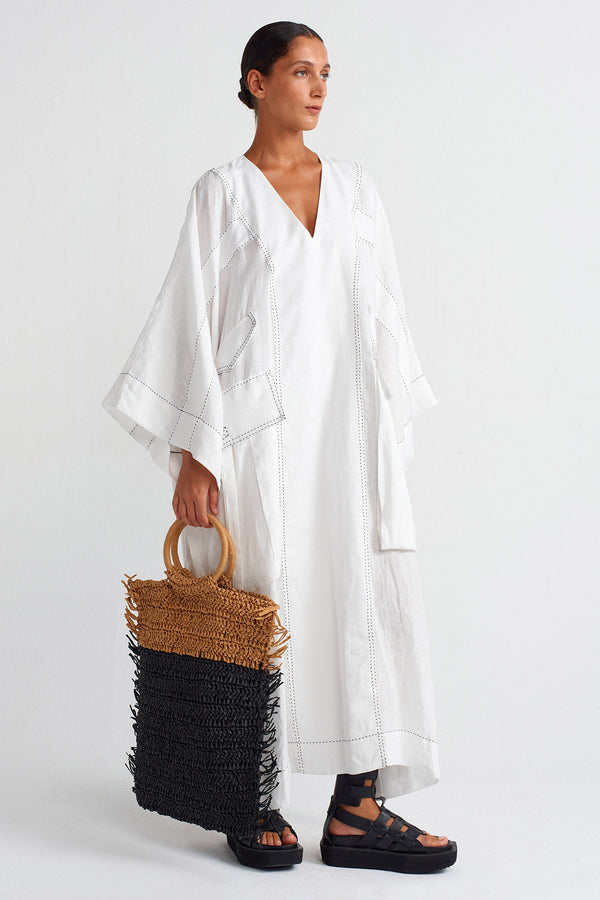 Nu Contrast Stitched Pocketed Linen Kaftan Dress Off White/Black